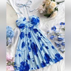 Blue Floral Halter Dress